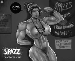 abs band_shirt biceps black_and_white choker english_text fit fit_female flexing flexing_bicep gnashershells goth hairbun metalhead muscle_mommy muscle_slut muscular neck_muscles original_character pubes pubic_hair quadriceps quads slutty_female spazz_(gnashershells) speech_bubble thighs