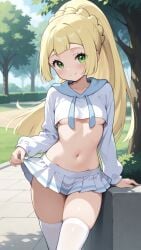 1girls ai_generated bangs big_eyes blonde blonde_female blonde_hair blonde_hair_female commentary_request crop_top cute cute_face female female_focus girly green_eyes hair hoodie lia_the_busty_redhead lillie_(pokemon) long_hair long_sleeves midriff miniskirt navel outdoors outside park pelvic_line petite petite_body petite_breasts petite_female pleated_skirt pokemon pokemon_sm ponytail self_upload skirt skirt_lift small_breasts straight_bangs straight_hair tagme thighhighs thighs underboob white_clothing white_thighhighs