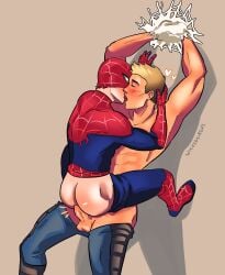 2boys anal anal_sex bound bound_top fantastic_four fully_clothed hands_tied hands_tied_above_head human_torch johnny_storm kiss kissing making_out male male_only marvel marvel_comics mask mask_lift masked masked_male pants_down pants_only pants_pulled_down peter_parker spider-man spider-man_(series) webbed_hands wicked_spidey
