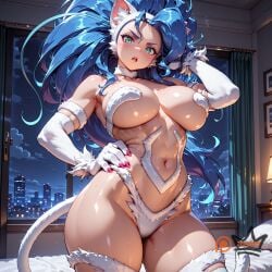 ai_generated blue_hair breasts capcom cat_ears cat_tail catgirl cleavage darkstalkers felicia_(darkstalkers) huge_breasts large_breasts long_hair nipples thick_thighs watermark zbaiart