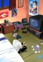 bedroom black_hair high_school_student implied_masturbation keraku-no-oh:_king_of_pleasure porn_magazine porn_movie poster_(object) ryouichi_sashima school_uniform teenage_male television tissue_box tissues vhs_tape