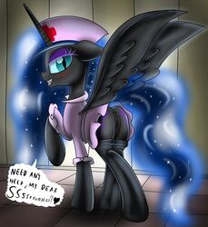 alicorn anus ass blush dialog equine female friendship_is_magic hair horn horse looking_at_viewer looking_back multicolored_hair my_little_pony navel nightmare_moon_(mlp) nurse nurse_cap nurse_uniform pony princess_luna_(mlp) pussy stockings text wings ziemniax