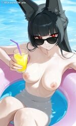 1girls ai_generated black_hair breasts hoshimi_miyabi looking_at_viewer nipples red_eyes shineinsfw solo uncensored wet zenless_zone_zero