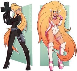 before_and_after big_breasts bimbo bimbo_lips bimbofication blonde_hair blue_eyes breast_expansion empty_eyes female_only femsub gun huge_breasts large_breasts long_hair nipple_slip transformation wide_hips wrenzephyr2