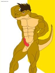 2013 abs anthro biceps bodybuilder dinosaur erection furry jonathan_alexander male male_only maxime-jeanne muscles no_humans nude pecs penis plain_background pose reptile scales scalie solo sweat theropod tyrannosaurus_rex vein white_background