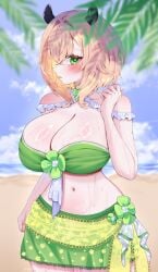 1girl 1girls animal_ears beach bikini blush breasts brown_hair cleavage female green_bikini green_eyes hair_intakes highres huge_breasts indie_virtual_youtuber looking_at_viewer massive_breasts nimi_nightmare short_hair sillymyne solo sweat swimsuit tapir_ears tapir_girl tits virtual_youtuber vtuber water wet