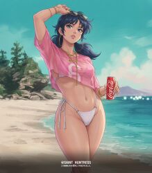 beach beach_background blue_eyes blue_hair coca-cola curvy curvy_body curvy_female curvy_figure curvy_hips ear_ring earring earrings gold_jewelry grand_theft_auto grand_theft_auto_vi gtavi miho_(saint_seiya) pink_crop_top pink_shirt saint_seiya sunglasses sunglasses_on_head white_bikini white_thong white_underwear