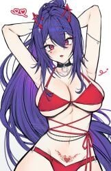 1girl 1girls ahoge akuma_nihmune arms_behind_head big_breasts bikini breasts chain chain_necklace cleavage demon_horns emucchi facial_mark female hair_ornament heart heart_facial_mark highres horns indie_virtual_youtuber jewelry large_breasts long_hair looking_at_viewer mole mole_under_eye necklace ponytail pubic_tattoo purple_hair red_bikini red_eyes red_horns solo star_(symbol) star_hair_ornament swimsuit tattoo tits virtual_youtuber vtuber white_background wide_hips