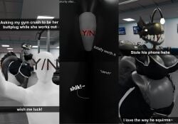 3d anal_vore ass ass_bigger_than_head ass_crack ass_focus ass_vore belly belly_bulge big_ass blender blush breasts buttplug clothing curvy dark-skinned_female editorphil english_text giant_ass gym gym_clothes indoors looking_at_viewer luria smile text thick_thighs thighs wide_hips y/n