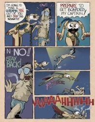 1boy 1girls angora_napkin beatrice blue_hair comic comic_page dialogue dominant_female female light-skinned_female light-skinned_male light_skin male nerd nerdy_male official_art pounce pouncing slave_leia_(cosplay) underwear virgins