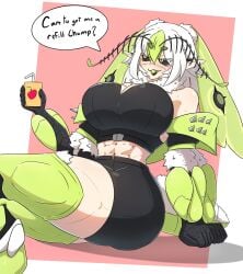 1girl 1girls abdomen_tail antennae arthropod_girl black_sclera black_shirt black_shorts black_tongue breasts cleavage colored_sclera crossed_legs drink_carton extra_arms green_eyes green_hair hair_between_eyes head_wings highres indie_virtual_youtuber insect_girl insect_wings juice_box juniper_actias juniper_actias_(space_invader) large_breasts long_hair midriff monster_girl moth_antennae moth_girl moth_wings multicolored_hair muscular muscular_female open_mouth pointy_ears scrapabi shirt shorts sitting sleeveless sleeveless_shirt solo thick_thighs thighs virtual_youtuber vtuber white_hair wings