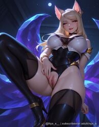 1girl ahri_(league_of_legends) ai_generated animal_ears bangs bare_shoulders black_thighhighs blonde_hair bracelet breasts choker clitoris earrings explicit facial_mark fox_ears fox_tail from_below heart high_heels jewelry k/da_(league_of_legends) large_breasts leotard lips lipstick long_hair looking_at_viewer makeup moon nail_polish night nyx_x parted_lips pink_nails pussy shiny smile solo spread_pussy swept_bangs tail thighhighs uncensored whisker_markings yellow_eyes