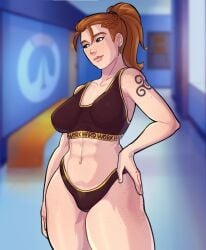 abs academy34 alternative_version_available braids brigitte brown_eyes brown_hair brunette brunette_hair freckles hair_tie muscles muscular muscular_female overwatch ponytail sports_bra sportswear tattoo youngnaughty