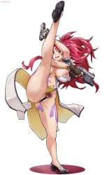 1girl aosora2823 arm_garter artist_name bar_censor black_shoes blush breasts brown_gloves censored clothing_aside commentary commission dual_wielding female_pubic_hair fingerless_gloves full_body gloves green_eyes gun handgun high_heels high_kick highres himeki_luna holding kicking kneepits large_breasts leg_tattoo long_hair maebari maebari_removed navel nipples one_breast_out open_mouth parted_bangs pelvic_curtain pelvic_curtain_aside pixiv_commission ponytail pubic_hair red_hair shoes simple_background smile solo split standing standing_on_one_leg standing_split tattoo vanguard_princess weapon white_background
