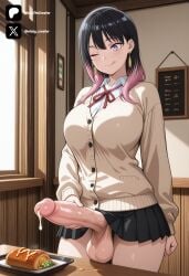 1futa 1girl ai_generated akane-banashi akane_osaki big_breasts black_hair black_skirt breasts cardigan closed_mouth cock collared_shirt colored cum dick earrings erection food from_front front_view futa_only futanari futanari/female futanari_masturbation futanarization gradient_hair huge_penis huge_testicles indoors jewelry large_breasts large_penis large_testicles licking_lips light_skin light_skinned_futanari long_hair long_sleeves looking_at_viewer looking_down looking_down_at_viewer masturbating masturbation miniskirt multicolored_hair nickythecreator penis pie pink_hair plate pleated_skirt purple_eyes red_ribbon ribbon school_uniform sexy sexy_body sexy_pose shirt skirt smile solo standing testicles tits tongue tongue_out two-tone_hair uncensored veins veiny_penis white_shirt window wink winking winking_at_viewer