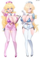 2d 2girls blonde_hair blue_eyes breasts female female_only hair_over_one_eye jtveemo light-skinned_female light_skin mario_(series) nintendo princess_peach princess_rosalina tagme thighs top_heavy white_background