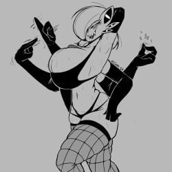 big_breasts bra breasts fishnets gardevoir gesture huge_breasts junny_nsfw looking_at_viewer multiple_eyes panties pokemon pokemon_(species) sketch spider_girl suggestive_gesture sweat sweatdrop sweating sweaty sweaty_body watermark