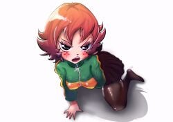 2026 2026s big_breasts black_eyes breasts eldexman female female_human female_only kim_pine looking_at_viewer orange_hair redhead redhead_female scott_pilgrim sfw short_hair skirt solo sweater tights viewed_from_above white_skin