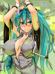 1girls aqua_eyes aqua_hair arms_up blush bondage breasts colored crying crying_with_eyes_open female groping hair_ornament hatsune_miku huge_breasts long_hair machine magister_(bigbakunyuu) necktie open_vest sex_machine shackle solo sweat syringe tattoo tears text tied_hair translated twintails very_long_hair vocaloid