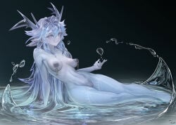 1girl absurdres bare_shoulders blue_eyes blue_hair blue_skin blush body_markings breasts collarbone colored_skin commentary crossed_legs dominus_impulse duel_monster english_commentary hair_between_eyes head_wings highres in_water linked_piercing long_hair medium_breasts navel nipple_chain nipple_jewelry nipple_piercing nipple_rings nipples nude piercing pointy_ears pussy ring_piercing sheruru simple_background smile solo spiked_hair_ornament stomach thigh_marking thighs water wings yu-gi-oh!