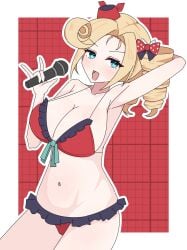 1girl 1girls absurdres armpits big_breasts bikini blonde_hair blue_eyes bow breasts cleavage commentary curled_ends densetsu.exe drill_hair drill_ponytail frilled_bikini frills hair_bow hat highres large_breasts looking_at_viewer microphone navel open_mouth red_bikini red_hat solo swimsuit thighs victoria_roman virtual_youtuber vtuber