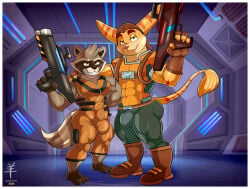 2025 2boys aaron_(artist) ass bulge crossover furry furry_only gay guardians_of_the_galaxy lombax male male_only marvel raccoon ratchet_(ratchet_and_clank) ratchet_and_clank rocket_raccoon tail video_games yaoi