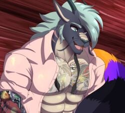 abs accessory anthro arm_tattoo asian_mythology back_spots barbel_(anatomy) bedroom belly black_fur blue_eyes chest_tattoo claws clothed clothing collared_shirt cropped cropped_image dragon dragon_tattoo dress_shirt duo eastern_dragon edit edited edited_art edited_image english_text eyebrows facial_hair fangs fish_tattoo green_horn green_nose grey_body grey_claws grey_fur grey_horn grey_nose hair happy hi_res hizigori_zokitai horn looking_ahead male mane muscular muscular_anthro muscular_male mythological_creature mythological_scalie mythology navel necktie open_clothing open_shirt open_topwear orange_fur partially_clothed pecs pink_tongue portrait purple_fur scalie scutes shirt sideburns sly_shadex smile stripes tail tan_belly tan_body tan_chest tan_inner_ear tan_scutes tattoo teeth text tongue tongue_out topwear turquoise_hair yakuza_tattoo