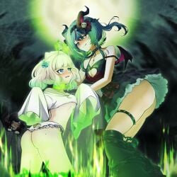 3girls ahoge apricot_the_lich ass bdsm black_dress black_hair black_leg_warmers blue_eyes bondage bound bow breasts chain chain_leash choker cleavage clothing_cutout cropped_shirt demon_girl demon_horns demon_wings densetsu.exe dress female fire frills froot gradient_hair green_eyes green_fire green_hair grey_hair hair_bow heart_cutout height_difference highres horns indie_virtual_youtuber leash leg_warmers looking_at_another maid_headdress medium_breasts mint_fantome mole mole_on_ass mole_on_thigh multicolored_hair multiple_girls open_clothes open_mouth petite red_horns seductive_smile shirt short_hair size_difference skull_ornament sleeveless sleeveless_dress sleeves_past_fingers sleeves_past_wrists small_breasts smile spiked_choker spiked_thigh_strap spikes thighs triangular_headpiece underboob virtual_youtuber vtuber white_hair white_shirt wings yuri