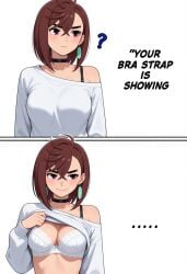 1girls ai_generated ayase_momo bra bra_strap_is_showing_(meme) dandadan english english_dialogue english_text flashing flashing_bra solo solo_female tagme