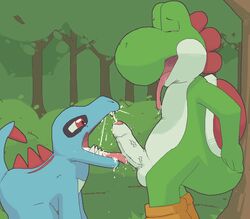 2013 argon_vile cum cum_in_mouth cumshot dinosaur erection foreskin licking male male_only mario_(series) nintendo no_humans open_mouth oral oral_sex orgasm penis pokemon reptile scalie sex tongue tongue_out totodile tree uncut yaoi yoshi