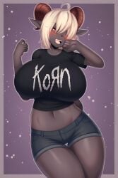 1girls arm_up bare_midriff belly_button biting_finger blonde_hair blue_shorts blushing cleavage crop_top dark_skin demon_girl fangs female flexing gray_skin grin hand_in_mouth horns huge_breasts hyper_breasts jeshua_58 korn large_breasts looking_at_viewer midriff navel pointed_ears ram_horns red_eyes samantha_tailzkim short_hair short_shorts smug solo succubus thick_thighs tight_shorts underboob wide_hips