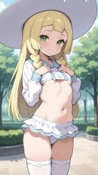 1girls ai_generated bangs big_eyes blonde blonde_female blonde_hair blonde_hair_female commentary_request crop_top cute cute_face female female_focus frilled_skirt girly green_eyes hair hand_on_breast hand_on_chest hands_on_breasts hands_on_chest hands_on_own_chest hat hoodie lia_the_busty_redhead lillie_(pokemon) long_hair long_sleeves looking_at_viewer microskirt midriff navel outdoors outside panties park pelvic_line petite petite_body petite_breasts petite_female pokemon pokemon_sm seductive seductive_look self_upload skirt small_breasts smile smiling smiling_at_viewer straight_bangs straight_hair sun_hat tagme thighhighs thighs underboob white_clothing white_hat white_panties white_thighhighs