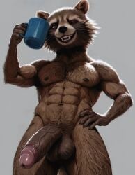 1boy 2026 abs ai_generated anthro athletic athletic_male balls brown_body brown_fur furry grin guardians_of_the_galaxy hand_on_hip holding holding_mug holding_object humanoid_penis looking_at_viewer looking_down low-angle_view male mammal marvel marvel_cinematic_universe marvel_comics mug navel nipples nude penis procyonid raccoon rocket_raccoon smile solo standing tagme viewed_from_below wink
