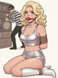 1girls 2d ai_generated ankles_tied arms_behind_back arms_tied_behind_back ball_gag ballgag big_breasts blonde blonde_female blonde_hair blue_eyes bondage boots burglar busty choker kneeling long_hair looking_at_viewer shiny_clothes shiny_clothing shorts tanktop tight_clothing wavy_hair white_skin