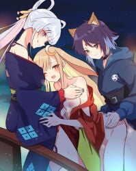 3girls animal_ears bar_censor black_choker blue_kimono blue_nails breasts brown_eyes censored cho_kaguya-hime! choker colored_inner_hair commentary_request crescent crescent_hair_ornament fdd_threesome fox_ears fox_girl futa_with_female futanari green_eyes group_sex hair_ornament hair_rings hair_stick highres huleito japanese_clothes kaguya_(cho_kaguya-hime!) kaguya_(tsukuyomi)_(cho_kaguya-hime!) kimono long_hair medium_breasts medium_hair multicolored_hair multiple_girls nail_polish nipples open_mouth penis pink_hair purple_hair rabbit_ears rabbit_girl red_eyes runami_yachiyo runami_yachiyo_(tsukuyomi) sakayori_iroha sakayori_iroha_(tsukuyomi) sex sky star_(sky) starry_sky threesome white_hair