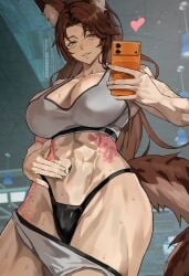 1girl 1girls abs absurdres animal_ear_fluff animal_ears arm_tattoo breasts brown_hair choker facial_mark flower_tattoo green_eyes gym_shirt gym_shorts heterochromia highres holding indie_virtual_youtuber lady_qathrin lady_qathrin_(vtuber) large_breasts long_hair muscular_female park_ongjol parted_bangs red_eyes shirt shorts solo stomach_tattoo tail tattoo underwear virtual_youtuber vtuber wolf_ears wolf_girl wolf_tail