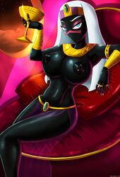 1girls alien alien_girl alien_humanoid artist_name black_skin blue_eyes breasts duck_dodgers female female_only goblet huge_nipples humanoid jewelry long_hair looney_tunes martian martian_(duck_dodgers) navel nipple_piercing nipples no_visible_genitalia noseless pink_fingernails purple_skirt queen_tyr'ahnee rings see-through_skirt shadman slit_skirt solo warner_brothers white_hair