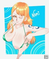 1girls 2d 2d_(artwork) big_ass big_breasts big_nipples big_thighs bikini colored digital_drawing_(artwork) laag nami_(one_piece) one_piece red_hair shiny_skin teasing teasing_viewer wink