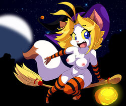 animal_ears anthro big_breasts blonde_hair blue_eyes breasts broom brown_fur cat_ears cat_tail chalo chest_tuft edit fangs feline female hair halloween hat holidays las_lindas magic_user moon nipples nude open_mouth pumpkin sarah_silkie shoppe smile solo stockings white_fur witch witch_hat