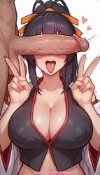 1boy 1girl 2026 ai_generated akeno_himejima artist_name boobs breasts bust chest cock covered_nipples dick double_v erection heart hetero hi_res high_quality high_school_dxd highres open_mouth patreon patreon_username penis penis_on_face pinkname sweat testicles tits tongue tongue_out trembling v w watermark