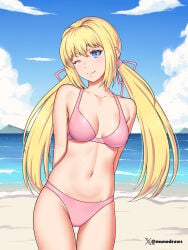 1girls absurdres arms_behind_back artist_name beach bikini blonde_hair blue_eyes blue_sky breasts breasts_apart commission commissioner_upload cowboy_shot coy etchimune hair_ribbon hands_behind_back head_tilt highres hunie_(series) huniepop light_blush long_hair looking_at_viewer medium_breasts navel non-web_source ocean one_eye_closed pink_bikini pink_ribbon ribbon sidelocks sky smile smiling smiling_at_viewer solo standing stomach swimsuit thigh_gap tiffany_maye twintails twitter_username wink winking winking_at_viewer