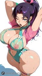 1girl ai_generated arms_behind_head arms_up artist_name ass bangs blue_eyes blush breasts cameltoe cleavage clothing_cutout collarbone covered_nipples curvy earrings hair_ribbon highleg jewelry large_breasts long_hair looking_at_viewer marvel marvel_comics marvel_rivals navel navel_cutout nipples one-piece_swimsuit one_eye_closed open_mouth parted_bangs patreon pink_ribbon ponytail psylocke psylocke_(marvel_rivals) psylocke_(sai)_(breezy_butterfly) psylocke_(sai)_(vengeance) purple_hair questionable ribbon see-through senpai_pixels short_sleeves simple_background skindentation solo sweat swimsuit thick_thighs thigh_strap thighs wet wet_clothes white_background x-men