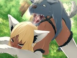 1boy 1girls ahe_gao animal_ears animal_humanoid ass blonde_hair blush breasts canine cat_ears catgirl dark-skinned_female dark_skin doggy_style female femsub feral feral_on_female from_behind fucked_silly grass green_eyes hatsuen_kikan head_down_ass_up large_ass large_breasts male male_on_female maledom nature nude on_ground outdoors pussy_juice sex tears top-down_bottom-up tree wolf zoophilia