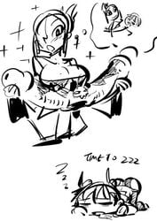 2girls blush breasts cerebella cleavage dildo double_dildo eccma417 feng_(skullgirls) hair_over_one_eye hat hat_removed headwear_removed large_breasts monochrome multiple_girls sketch skullgirls sleeping vice-versa