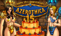 2girls anniversary azerothica birthday_cake blizzard_entertainment blonde_hair blue_armor crown esidien female gold_armor human human_(world_of_warcraft) light-skinned_female light_skin original_character paladin_(warcraft) shina warcraft world_of_warcraft