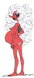 beauty_mark black_wings body_hair fluffy_hair long_hair original_character pregnant pregnant_belly pregnant_female pubic_hair red_skin shiny_eyelids tengu thick_eyebrows torpedo_breasts ugly_female white_hair white_pubic_hair wistful yokai