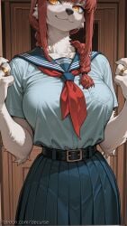 1girl ai_generated animal_nose bangs belt black_belt blue_skirt braid braided_ponytail breasts chainsaw_man decurse furry furry_female large_breasts long_hair looking_at_viewer makima_(chainsaw_man) neckerchief pleated_skirt red_hair red_neckerchief ring ringed_eyes sailor_collar school_uniform serafuku shirt sidelocks skirt smile solo white_fur yellow_eyes