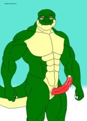 2013 abs anthro biceps cum dinosaur erection furry male male_only maxime-jeanne muscles no_humans nude pecs penis pose precum reptile scales scalie smile solo theropod thomas_carter tyrannosaurus_rex vein