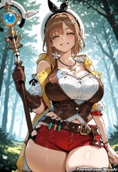 1girl ai_assisted ai_generated atelier_(series) atelier_ryza belt beret blush breasts brown_belt brown_eyes brown_gloves brown_hair cleavage curvaceous curvy curvy_female curvy_figure female gloves hair_ornament hairclip hat jewelry large_breasts leather leather_gloves looking_at_viewer miyuai navel necklace red_shorts reisalin_stout short_hair short_shorts shorts smile solo staff star_(symbol) star_necklace thick thick_ass thick_butt thick_hips thick_legs thick_thighs thighhighs thighs voluptuous voluptuous_female white_headwear white_legwear wide_hips wide_thighs