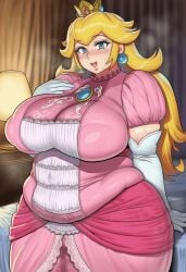 1girls ai_generated armwear belly big_breasts blonde_hair blue_eyes clothing crown dress ear_piercing fat fat_belly fat_female female female_only gigantic_breasts huge_breasts human human_only indoors large_breasts light-skinned_female light_skin long_hair looking_at_viewer mario_(series) mature mature_female nintendo obese obese_female open_mouth overweight overweight_female pink_dress princess princess_peach royalty solo solo_female solo_focus white_armwear